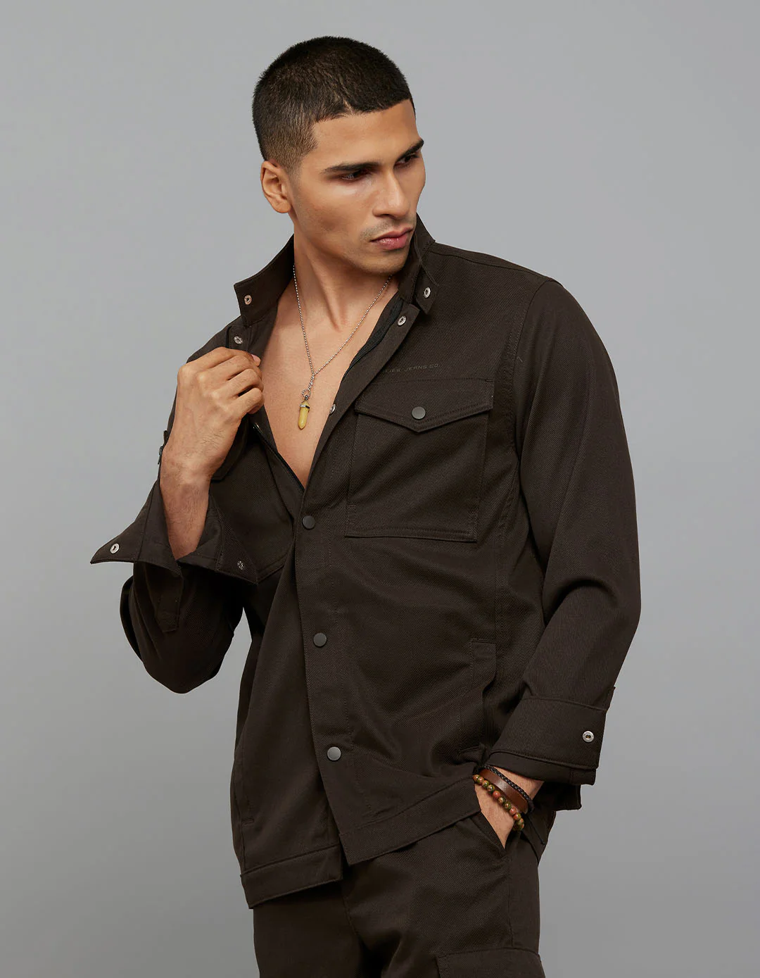 Dark Brown Full Sleeves Snap Button Front Closure Shacket - Image 3