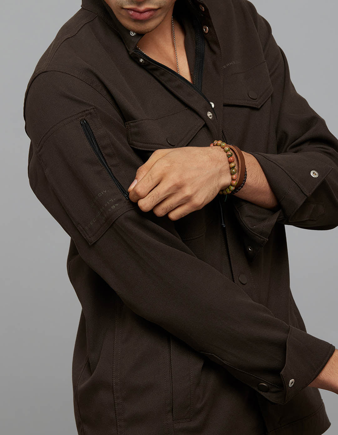 Dark Brown Full Sleeves Snap Button Front Closure Shacket - Image 5