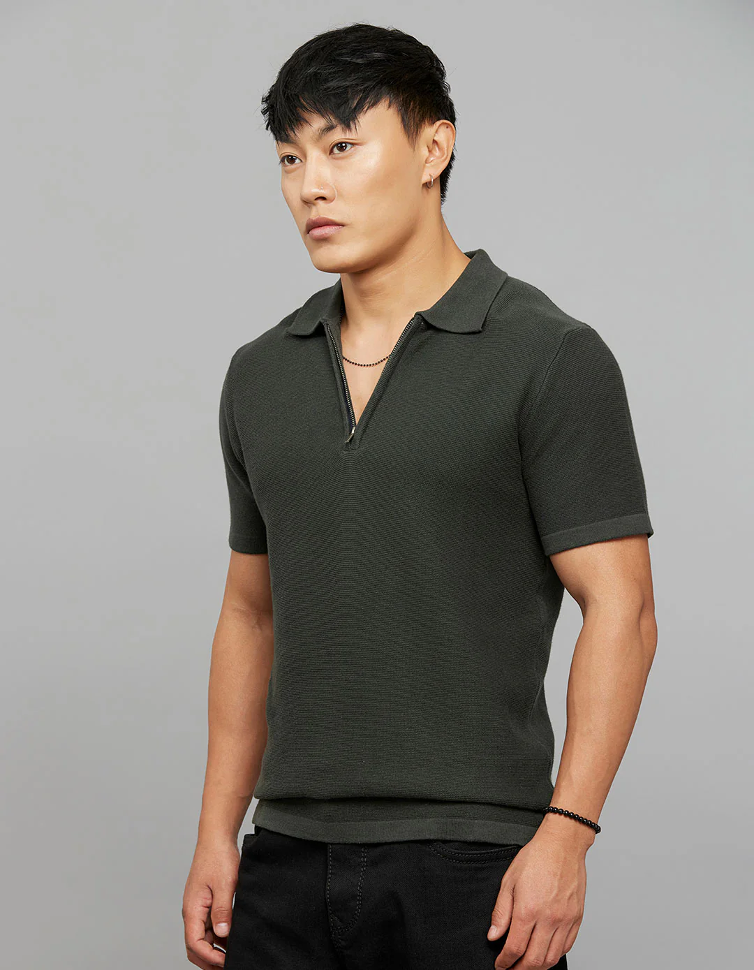 Dark Green Polo Neck Half Sleeves Flatknit Half Zipper Front - Image 3