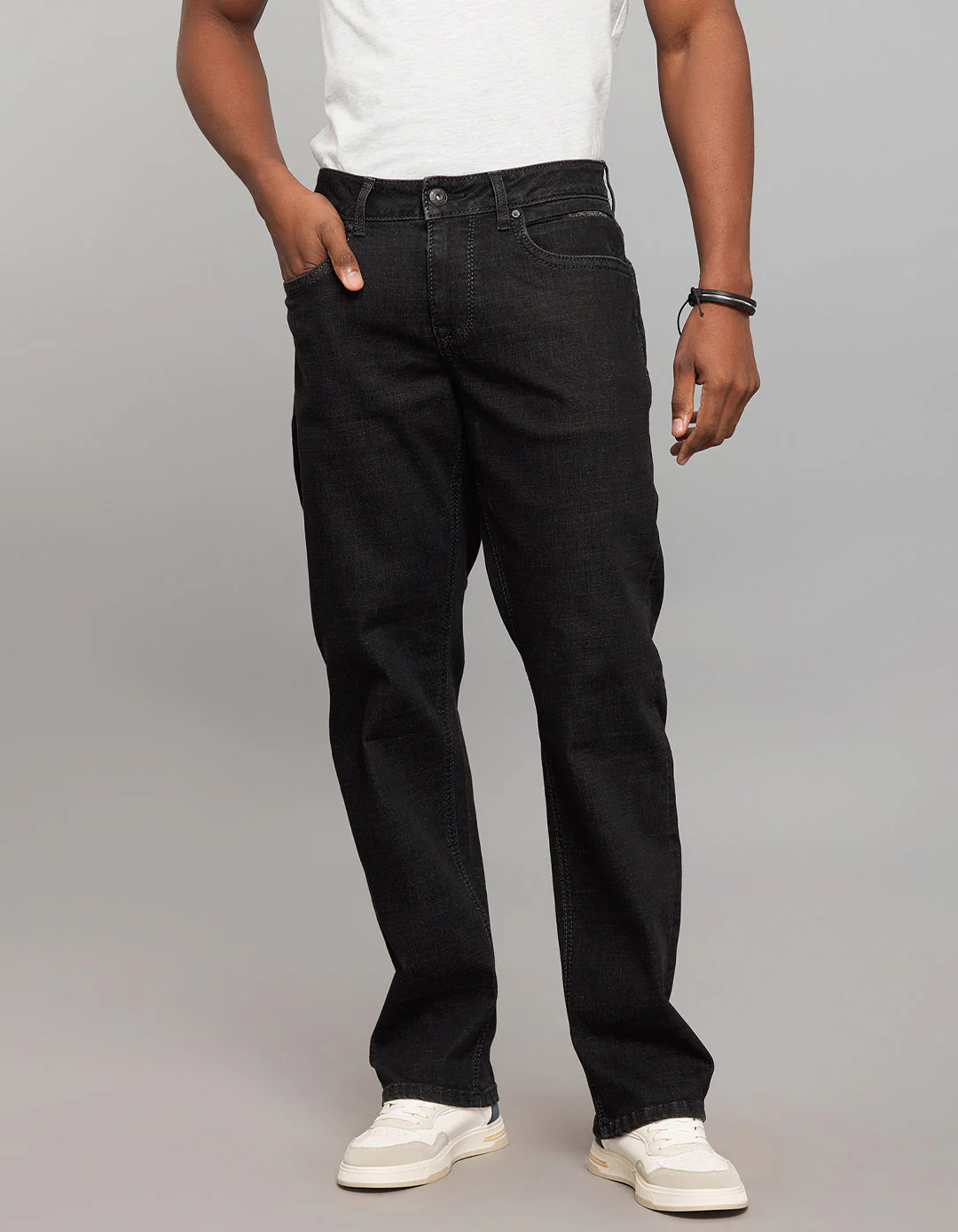 Dark Grey Midrise, Comfort And Straight Fit Stretch Jeans