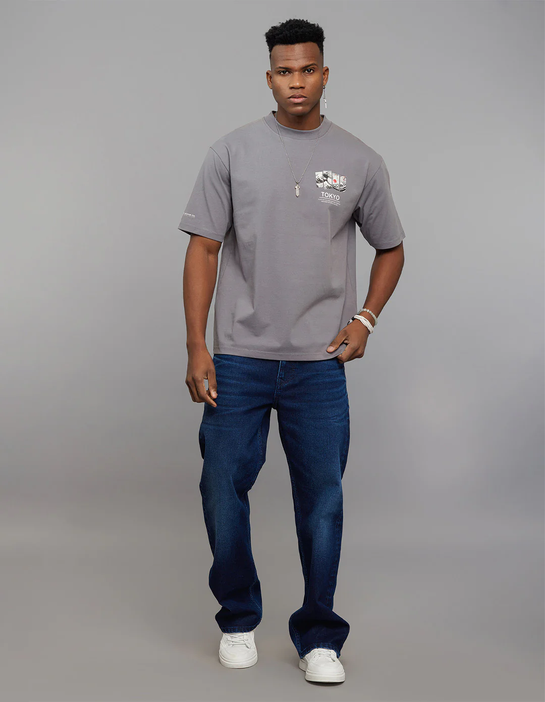 Dark Grey Half Sleeves Round Neck Oversized Tee - Image 2