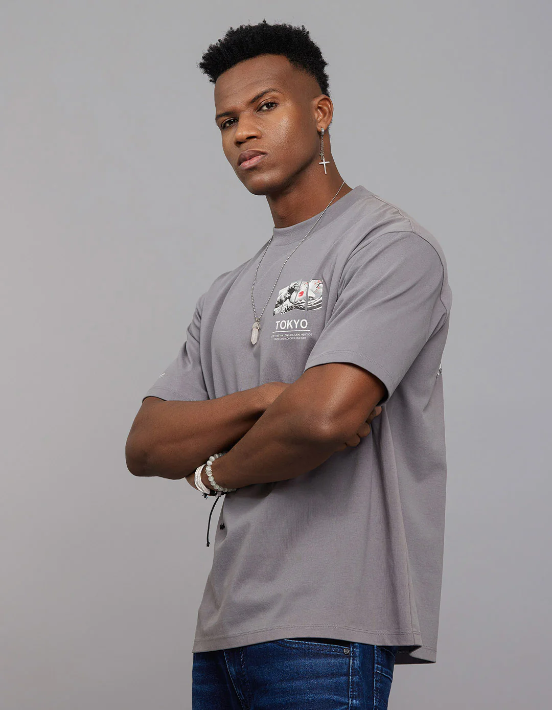 Dark Grey Half Sleeves Round Neck Oversized Tee - Image 6