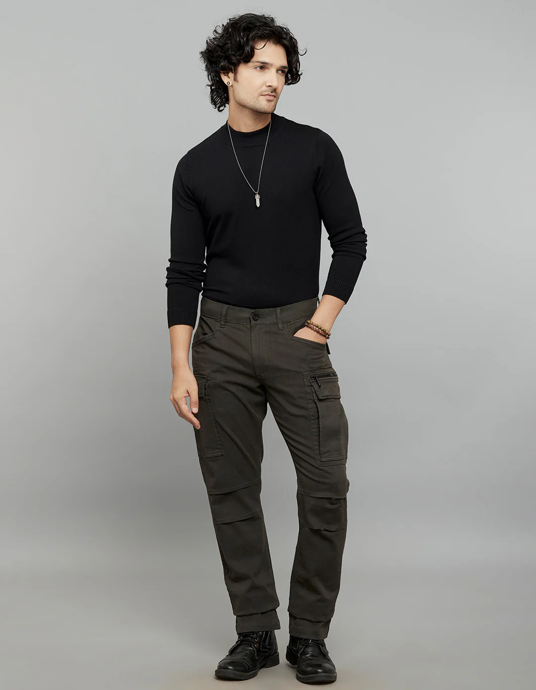 Dark Military Green Comfort Straight Fit Stretch Cargo Pants - Image 2