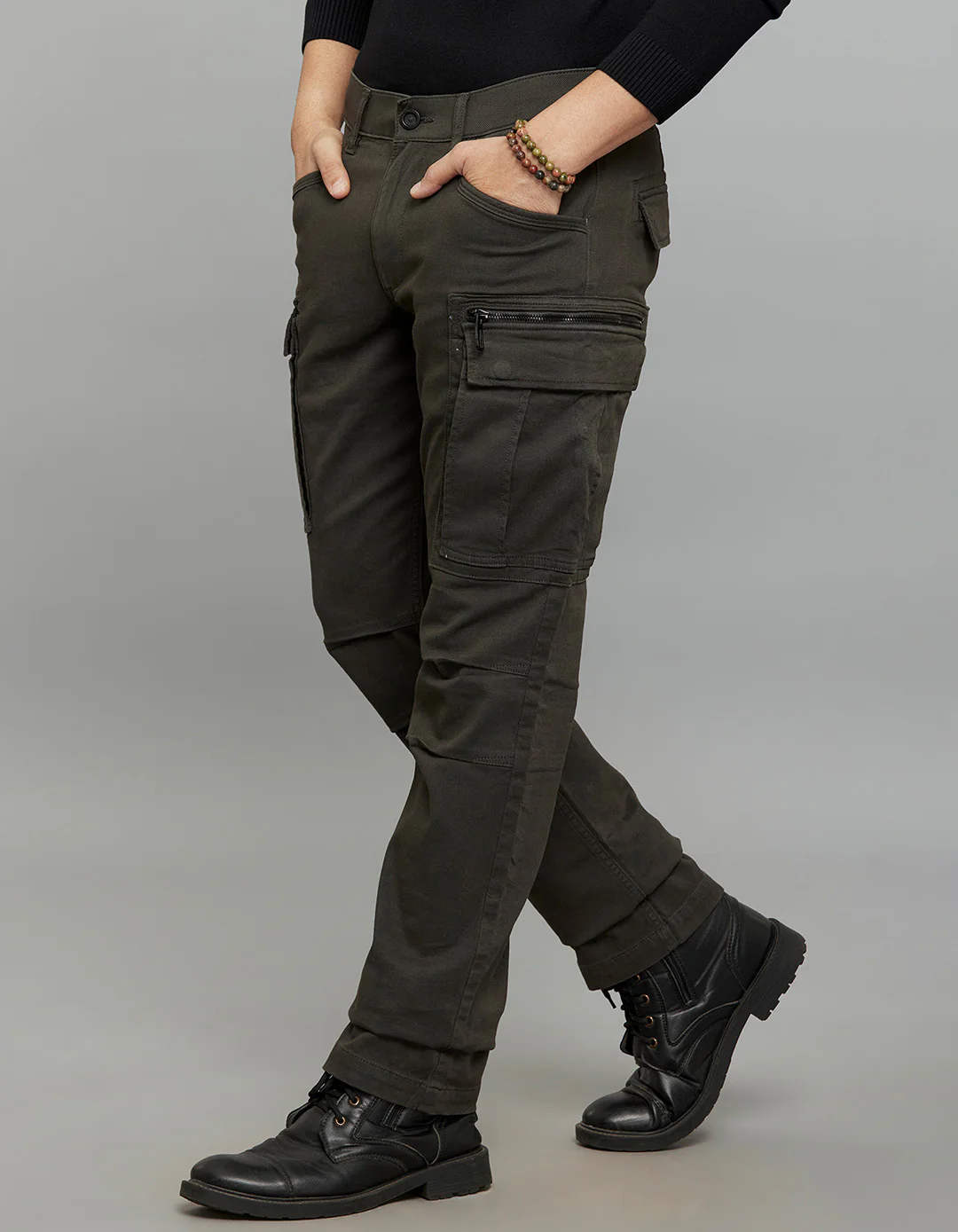 Dark Military Green Comfort Straight Fit Stretch Cargo Pants - Image 3