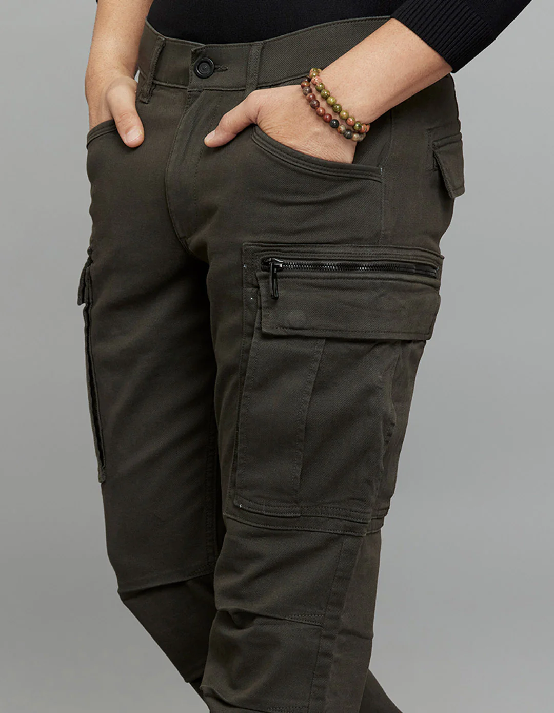 Dark Military Green Comfort Straight Fit Stretch Cargo Pants - Image 4