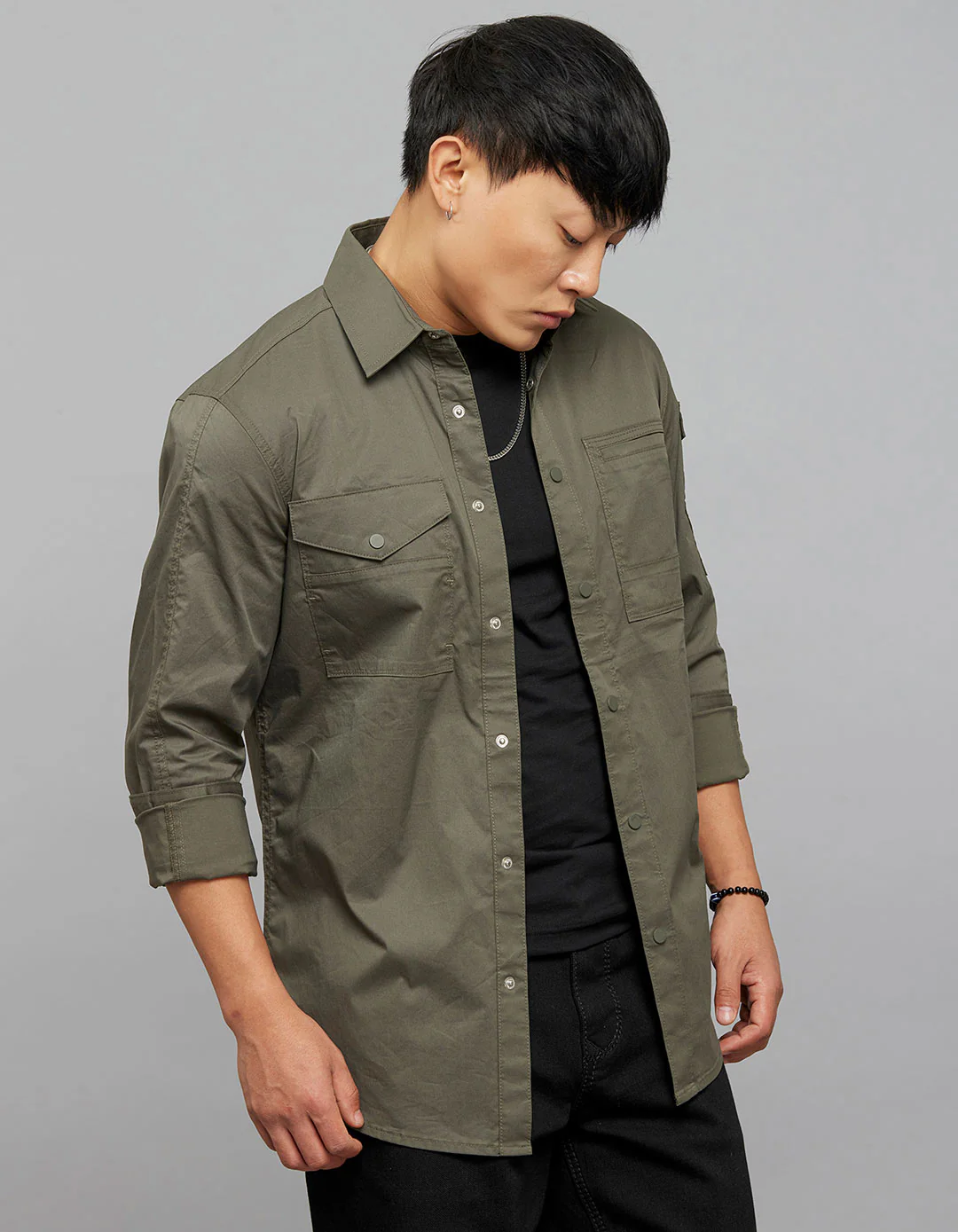 Dark Military Green Full Sleeves Cargo Shirt - Image 3