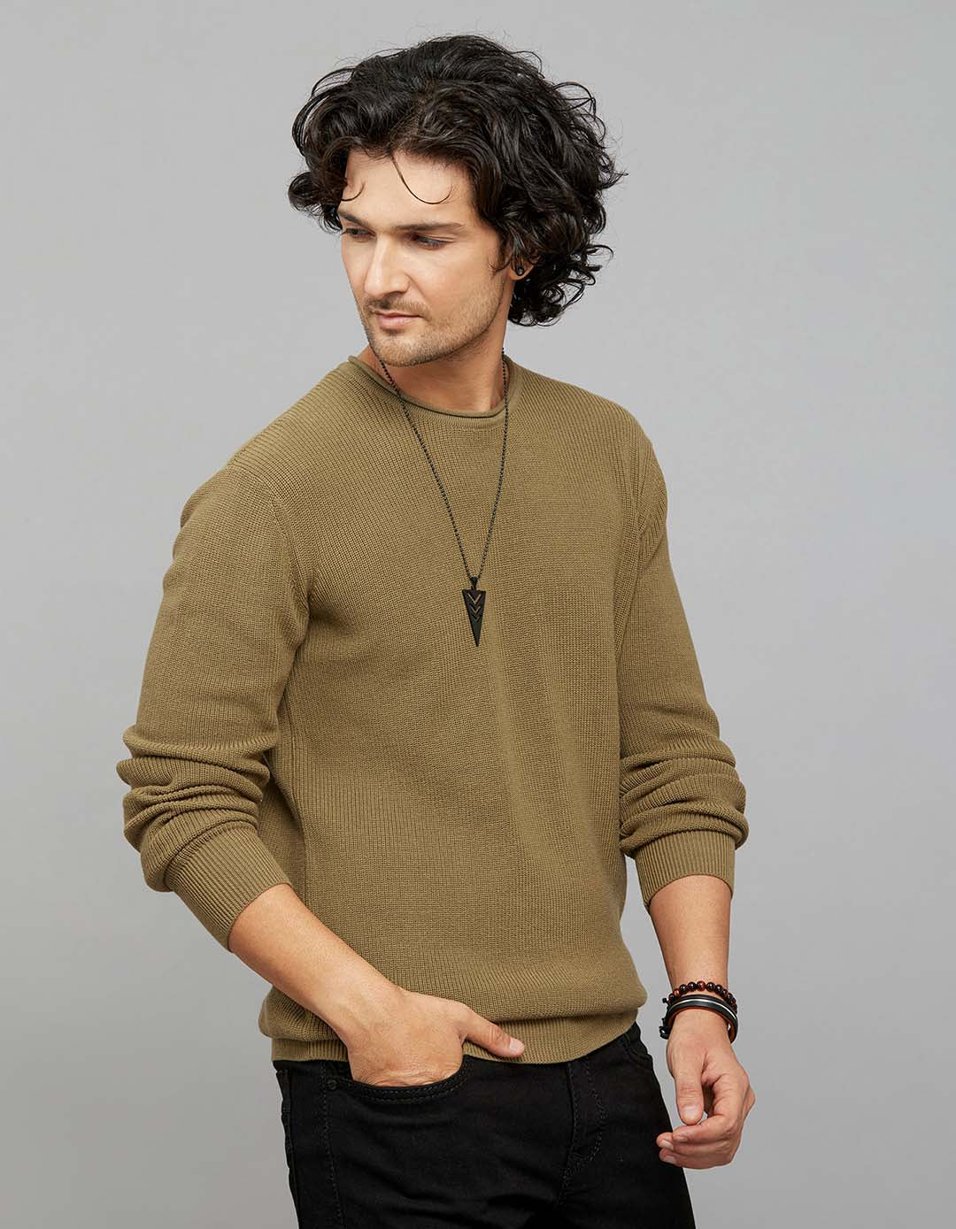 Dark Olive Round Neck Full Sleeves Flatknit - Image 4