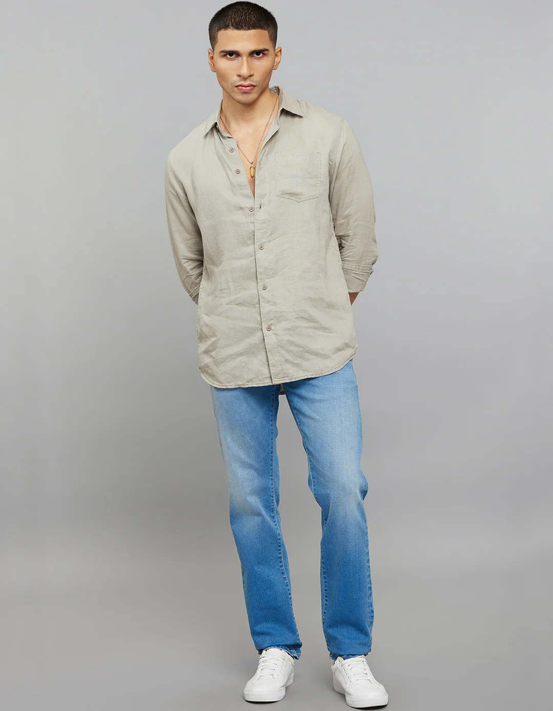 Dark Stone Full Sleeves Linen Blend Shirt - Image 2