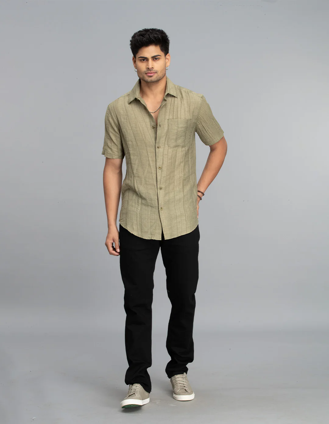 Dark Beige Half Sleeves Textured Dobby Shirt - Image 2