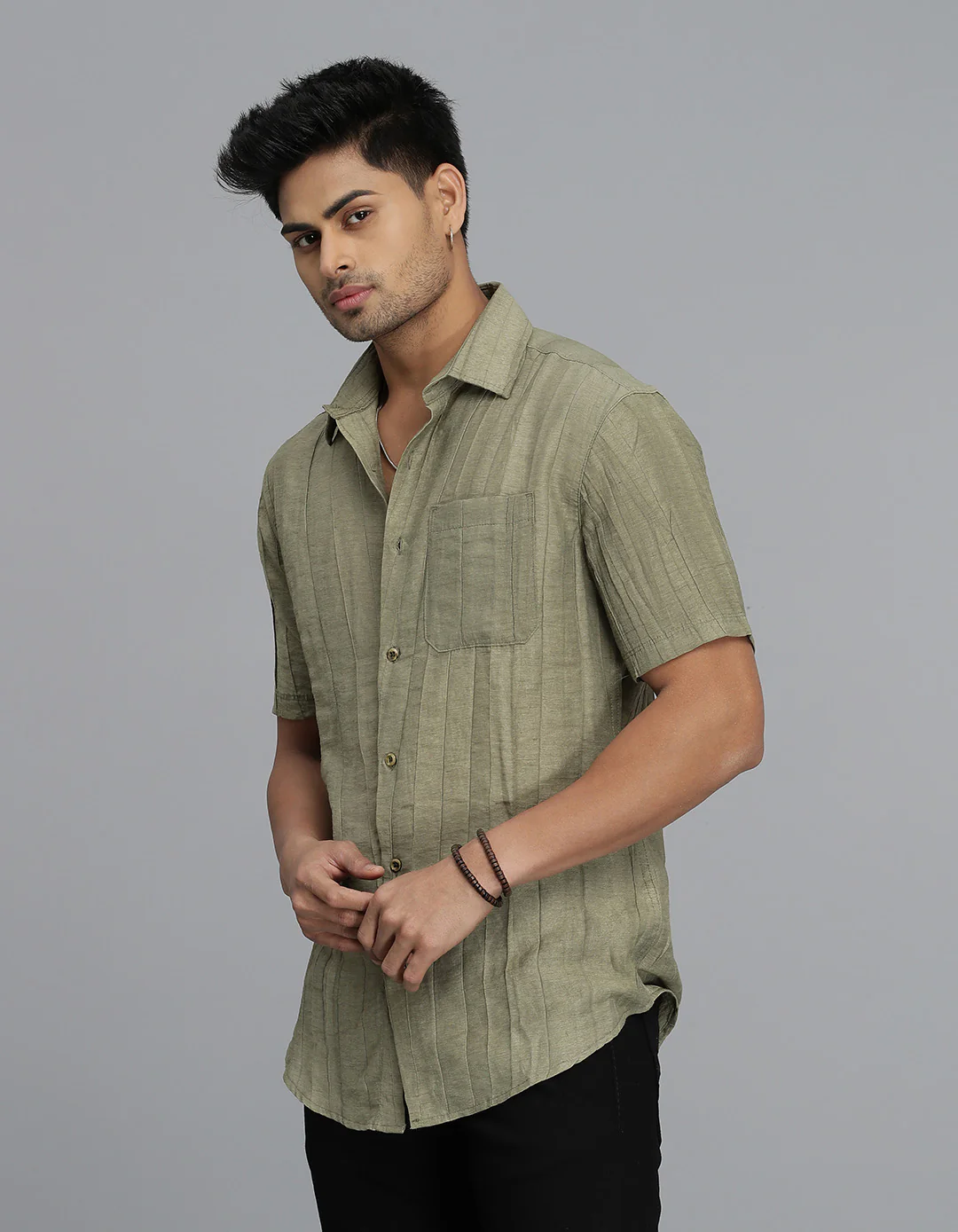 Dark Beige Half Sleeves Textured Dobby Shirt - Image 3