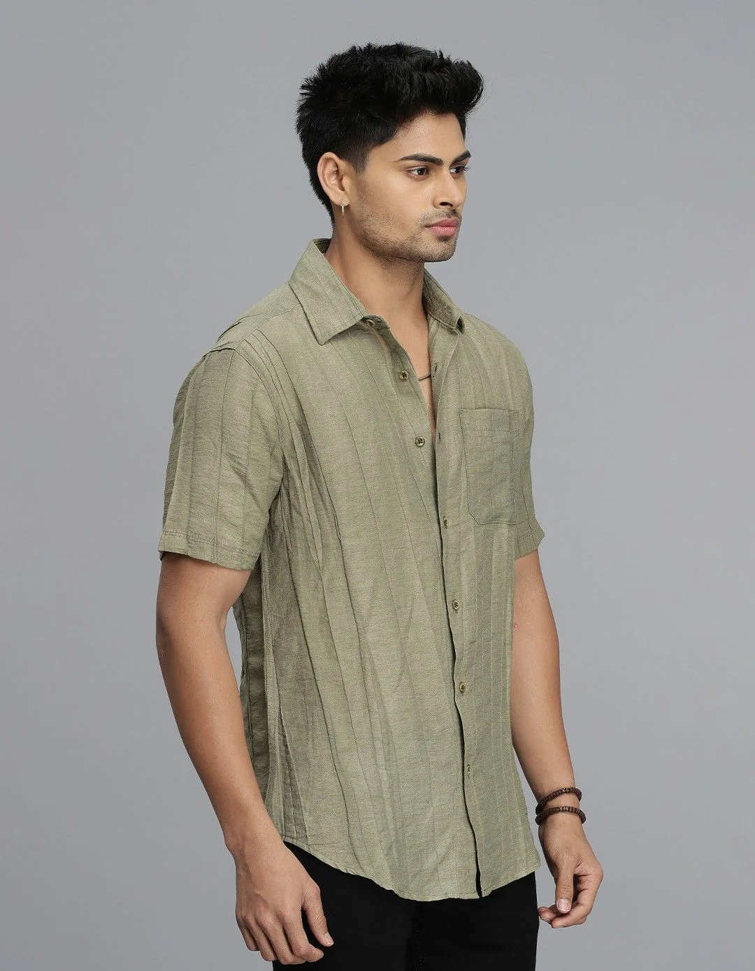 Dark Beige Half Sleeves Textured Dobby Shirt - Image 4