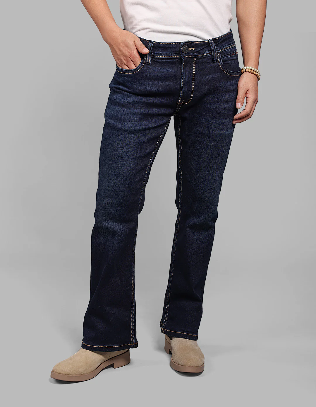 Dark Blue Mid Rise Cropped Length Loose Boot Leg Stretch Jeans