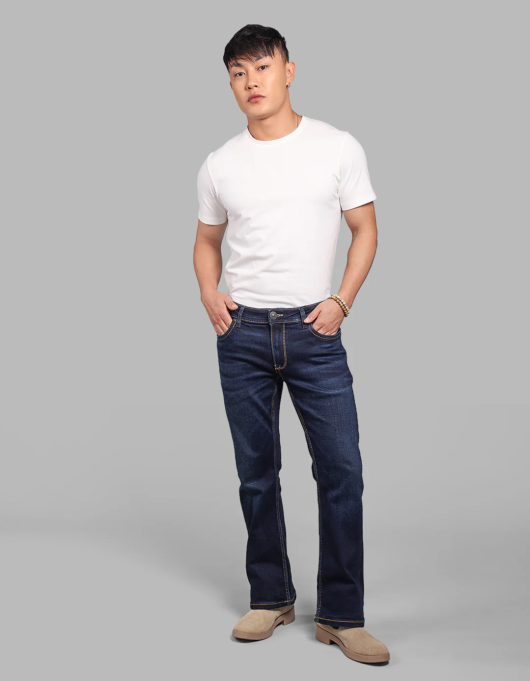 Dark Blue Mid Rise Cropped Length Loose Boot Leg Stretch Jeans - Image 2