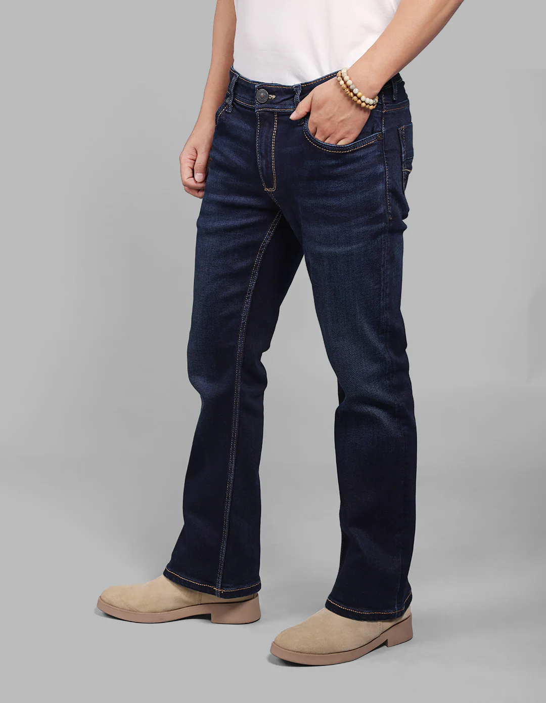 Dark Blue Mid Rise Cropped Length Loose Boot Leg Stretch Jeans - Image 3