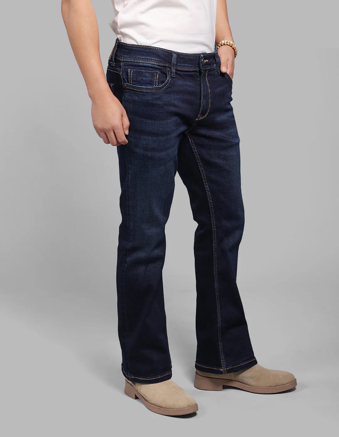 Dark Blue Mid Rise Cropped Length Loose Boot Leg Stretch Jeans - Image 4