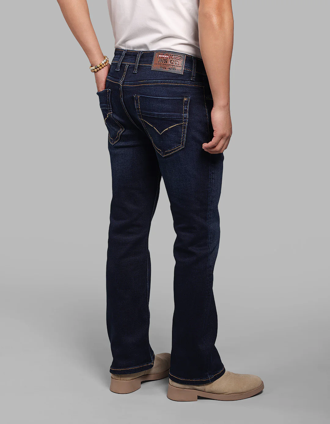 Dark Blue Mid Rise Cropped Length Loose Boot Leg Stretch Jeans - Image 5
