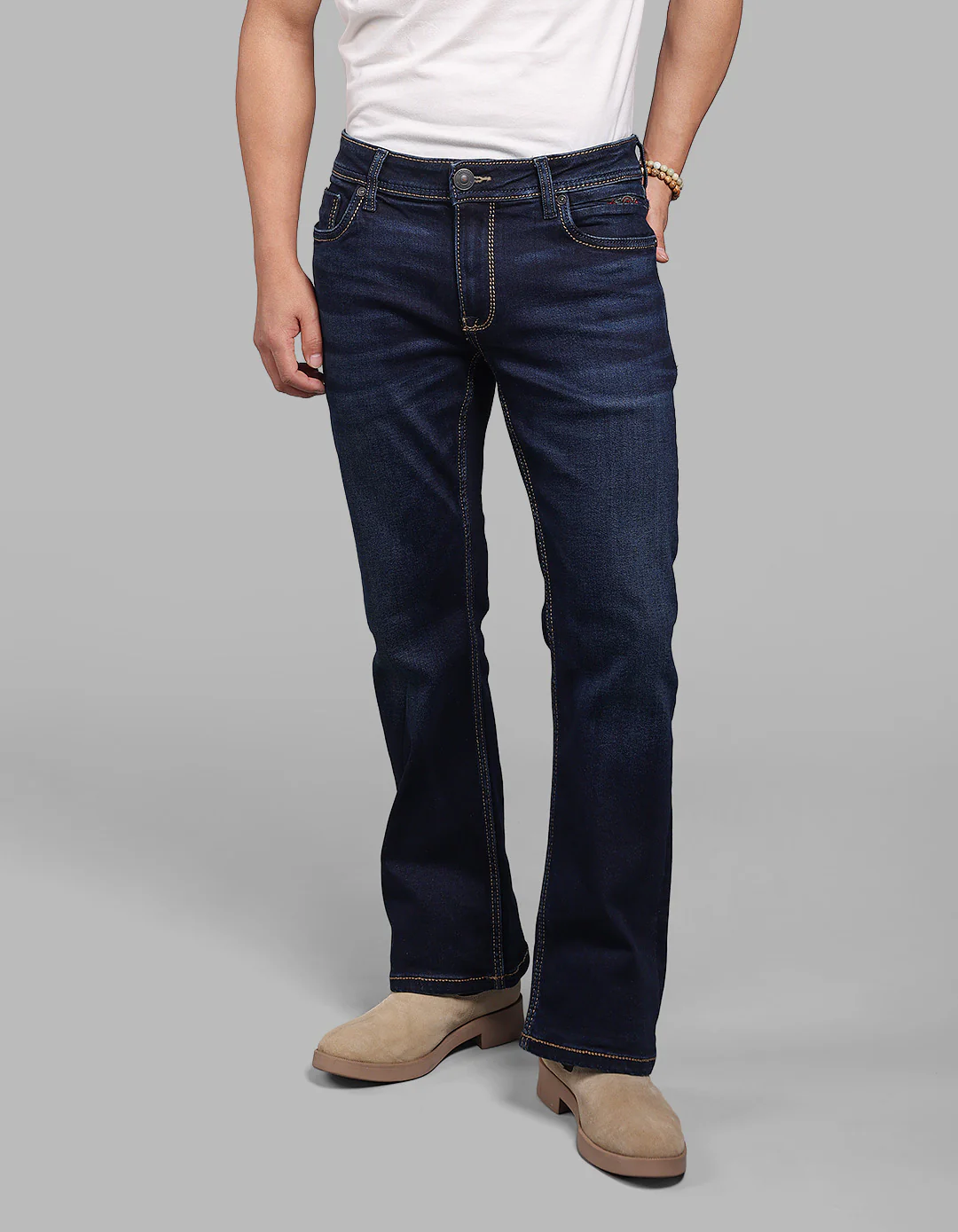 Dark Blue Mid Rise Cropped Length Loose Boot Leg Stretch Jeans - Image 6