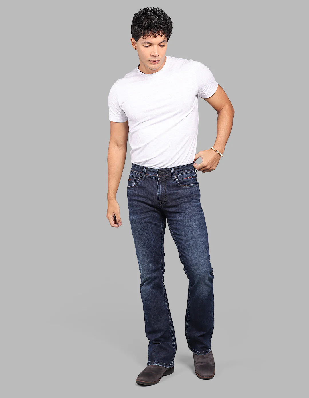 Dark Blue Mid Rise Loose Boot Leg Stretch Jeans - Image 3