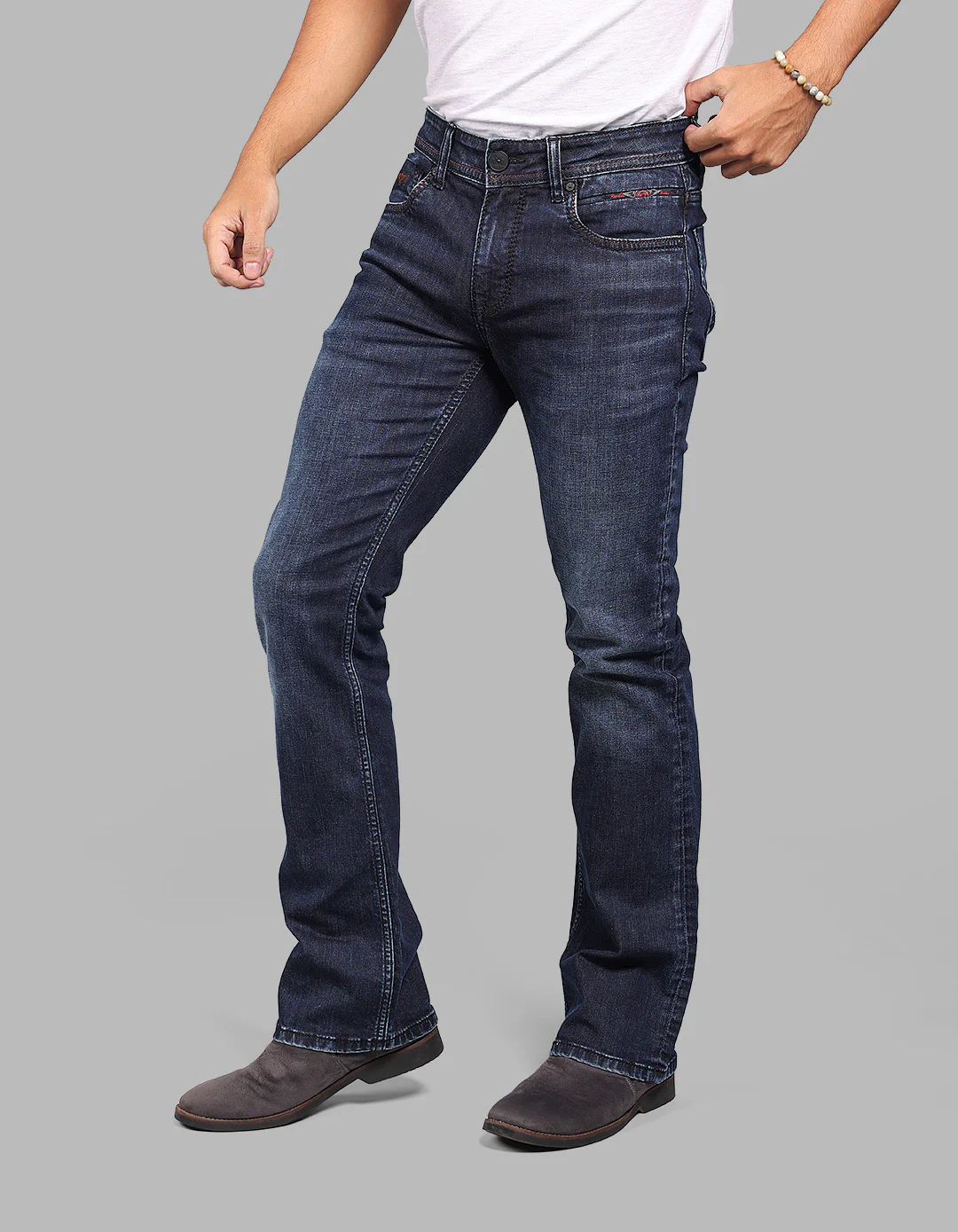 Dark Blue Mid Rise Loose Boot Leg Stretch Jeans - Image 4