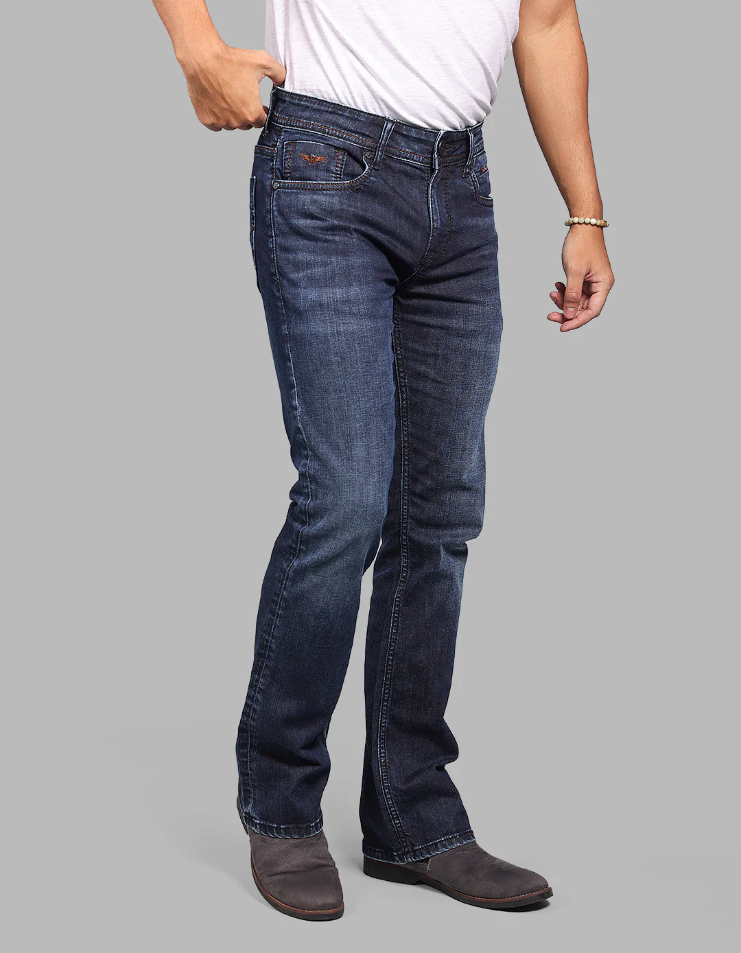 Dark Blue Mid Rise Loose Boot Leg Stretch Jeans - Image 5