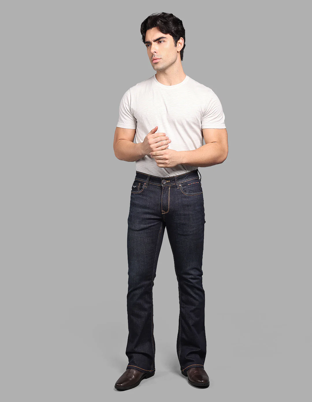 Dark Blue Mid Rise Loose Boot Leg Stretch Jeans - Image 2