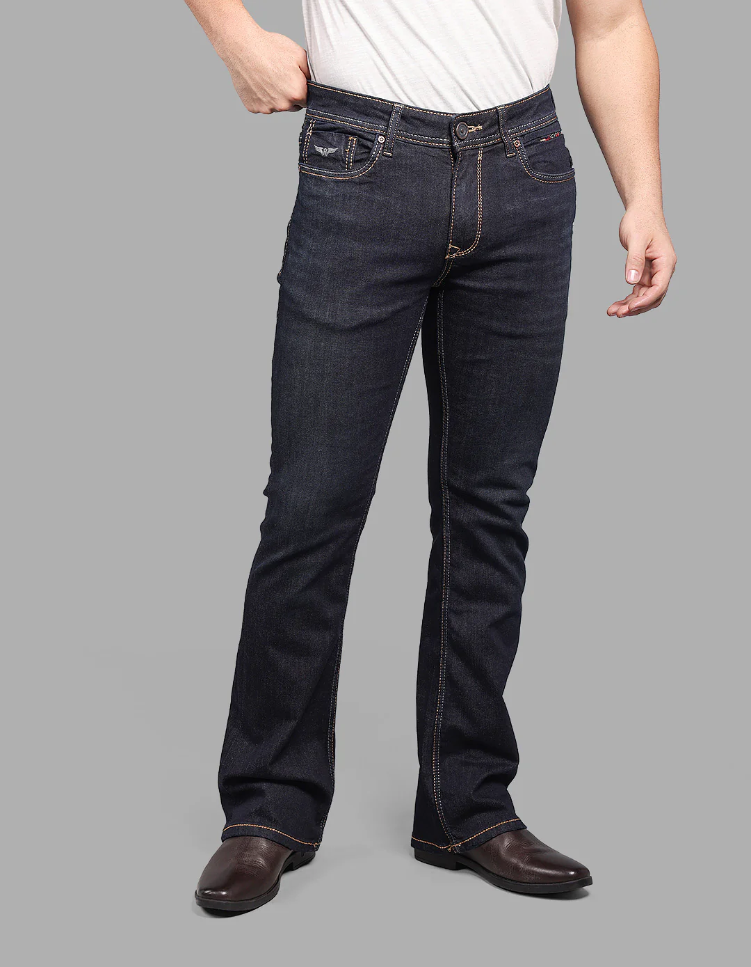 Dark Blue Mid Rise Loose Boot Leg Stretch Jeans - Image 3
