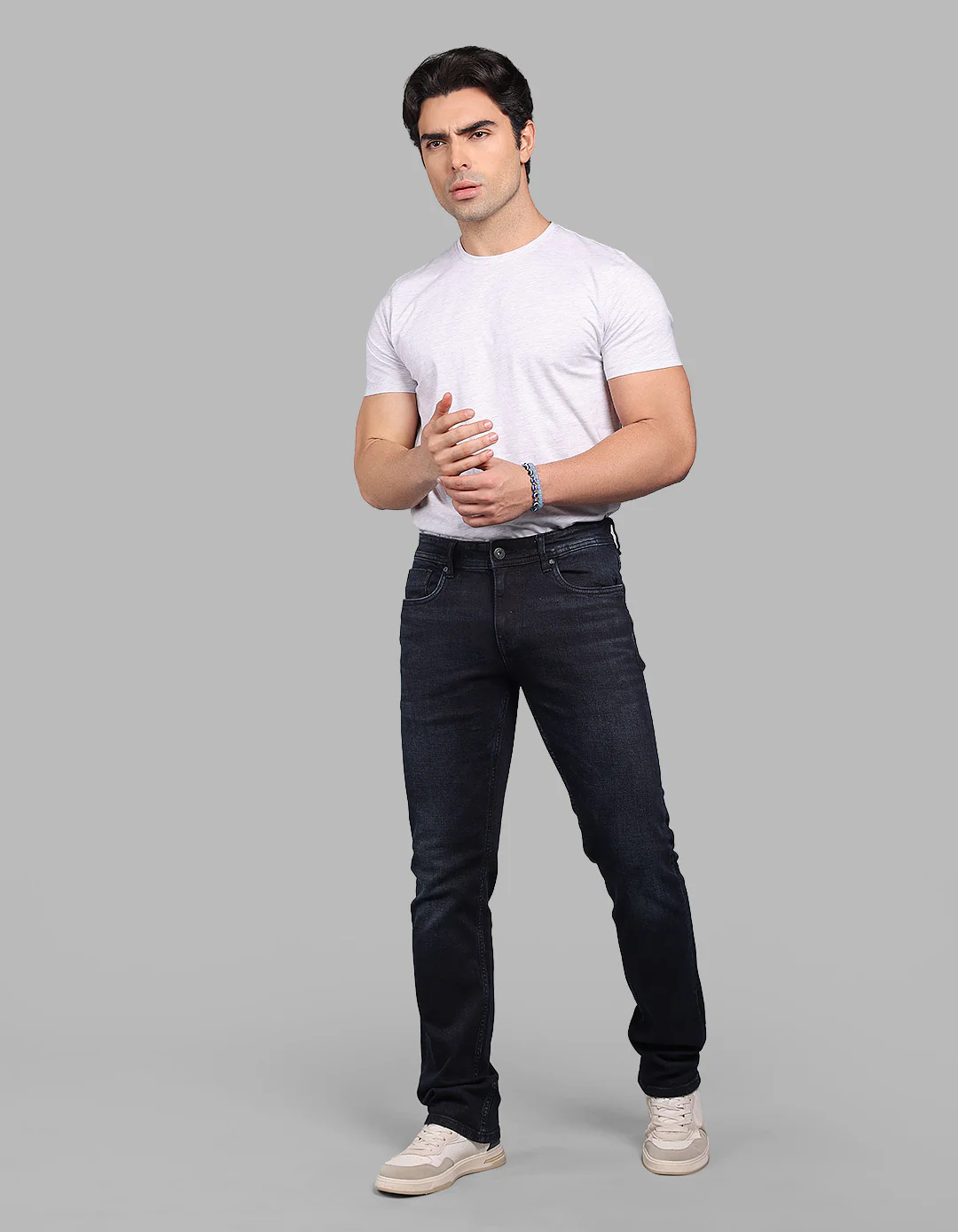 Dark Blue Mid-Rise Slim Straight Fit Stretch Jeans - Image 2