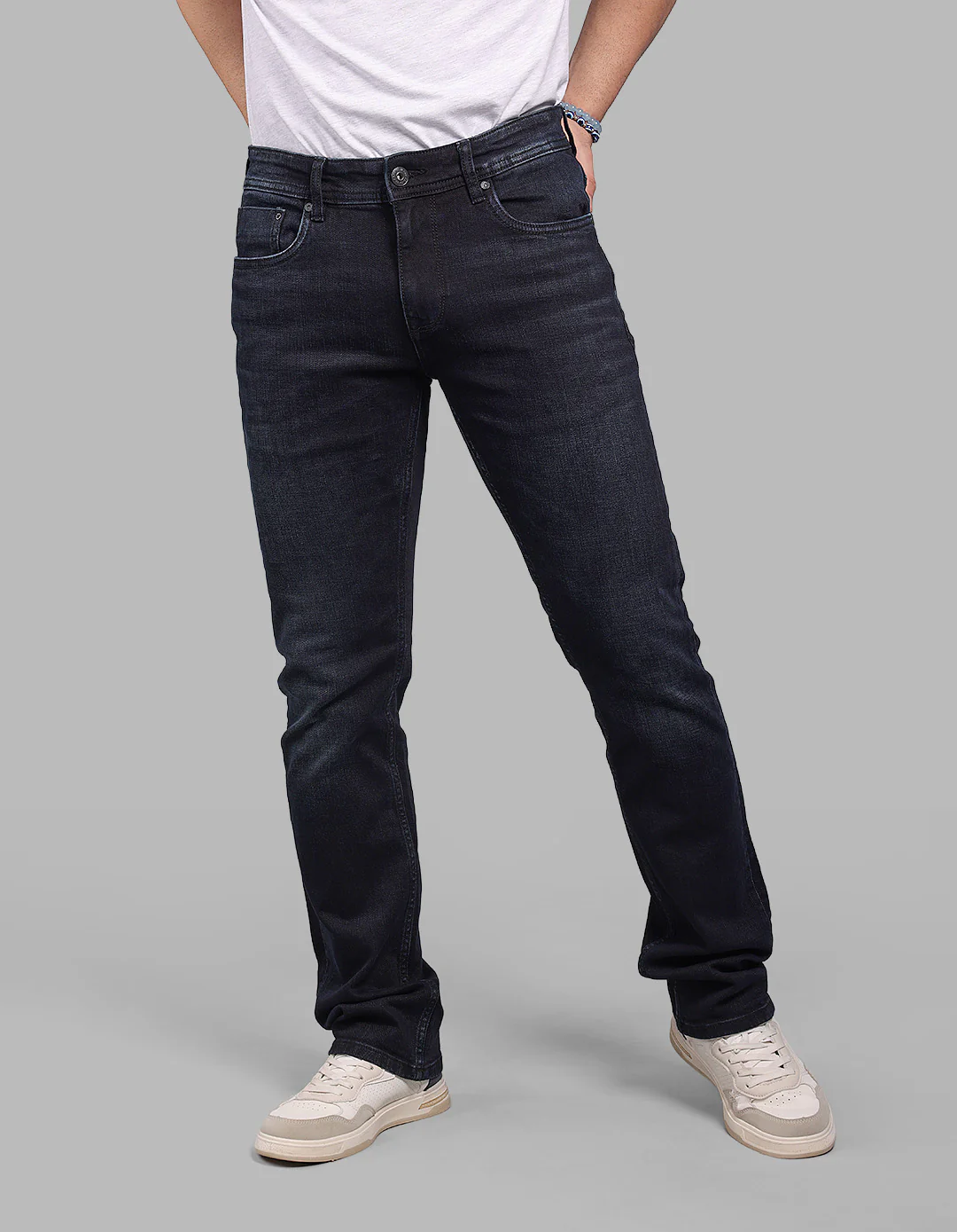 Dark Blue Mid-Rise Slim Straight Fit Stretch Jeans - Image 4