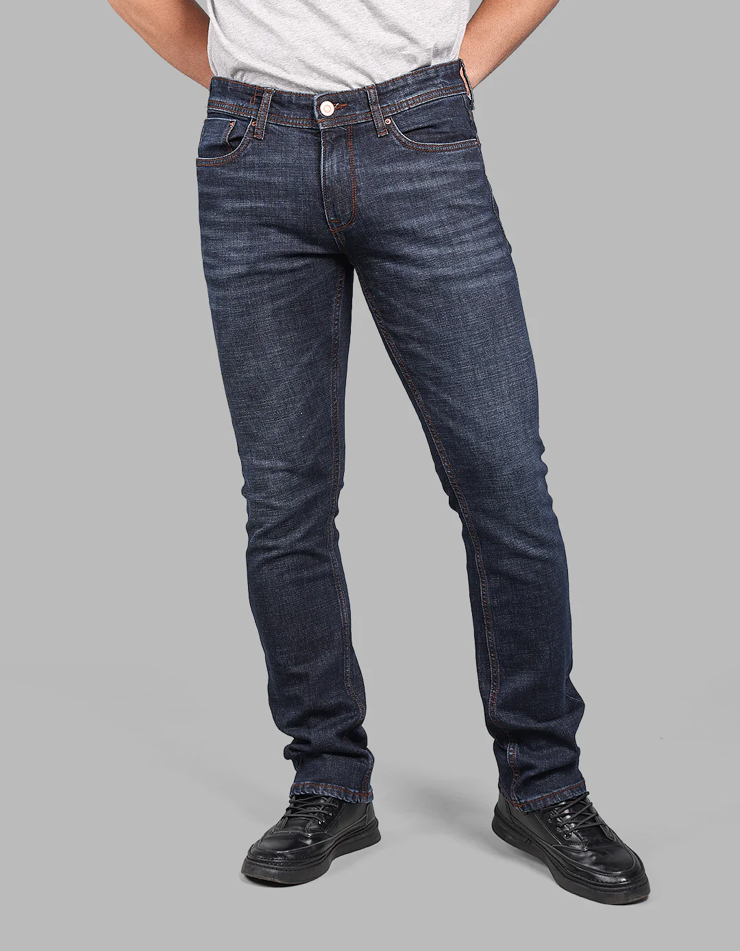 Dark Blue Mid-Rise Slim Straight Fit Stretch Jeans