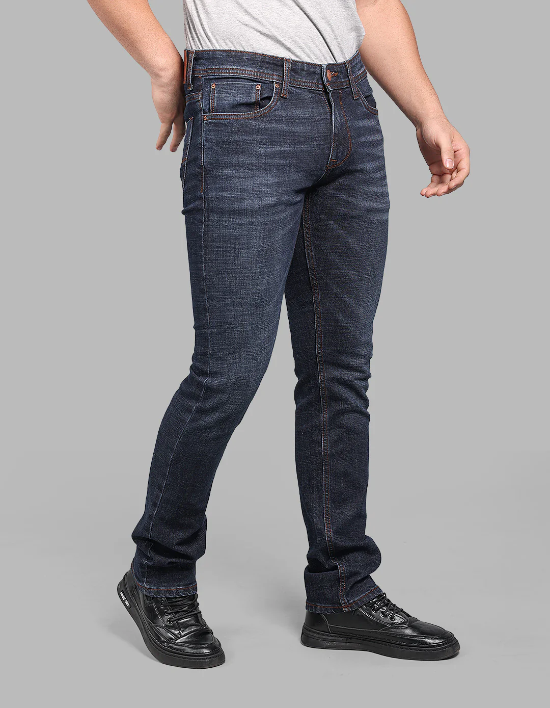 Dark Blue Mid-Rise Slim Straight Fit Stretch Jeans - Image 4