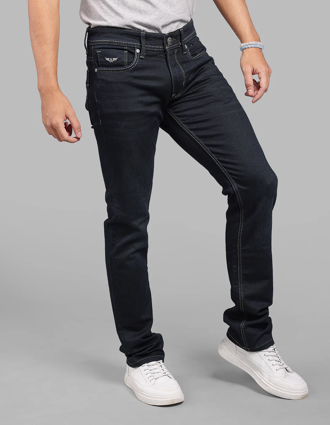Dark Blue Mid-Rise Slim Straight Fit Stretch Jeans - Image 3