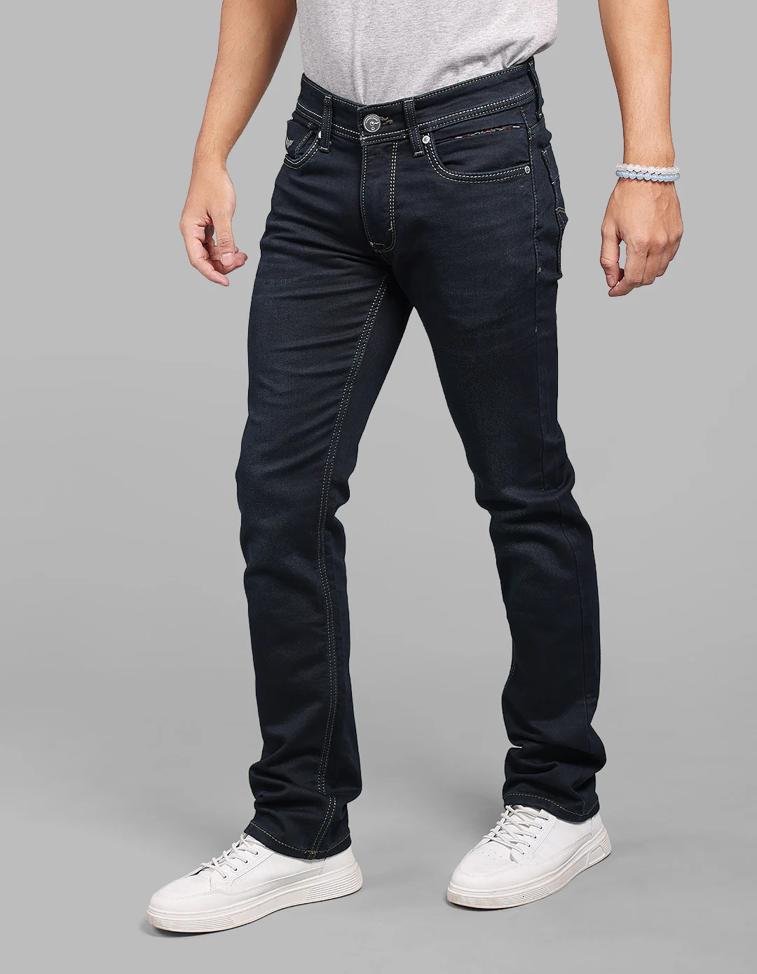 Dark Blue Mid-Rise Slim Straight Fit Stretch Jeans - Image 4