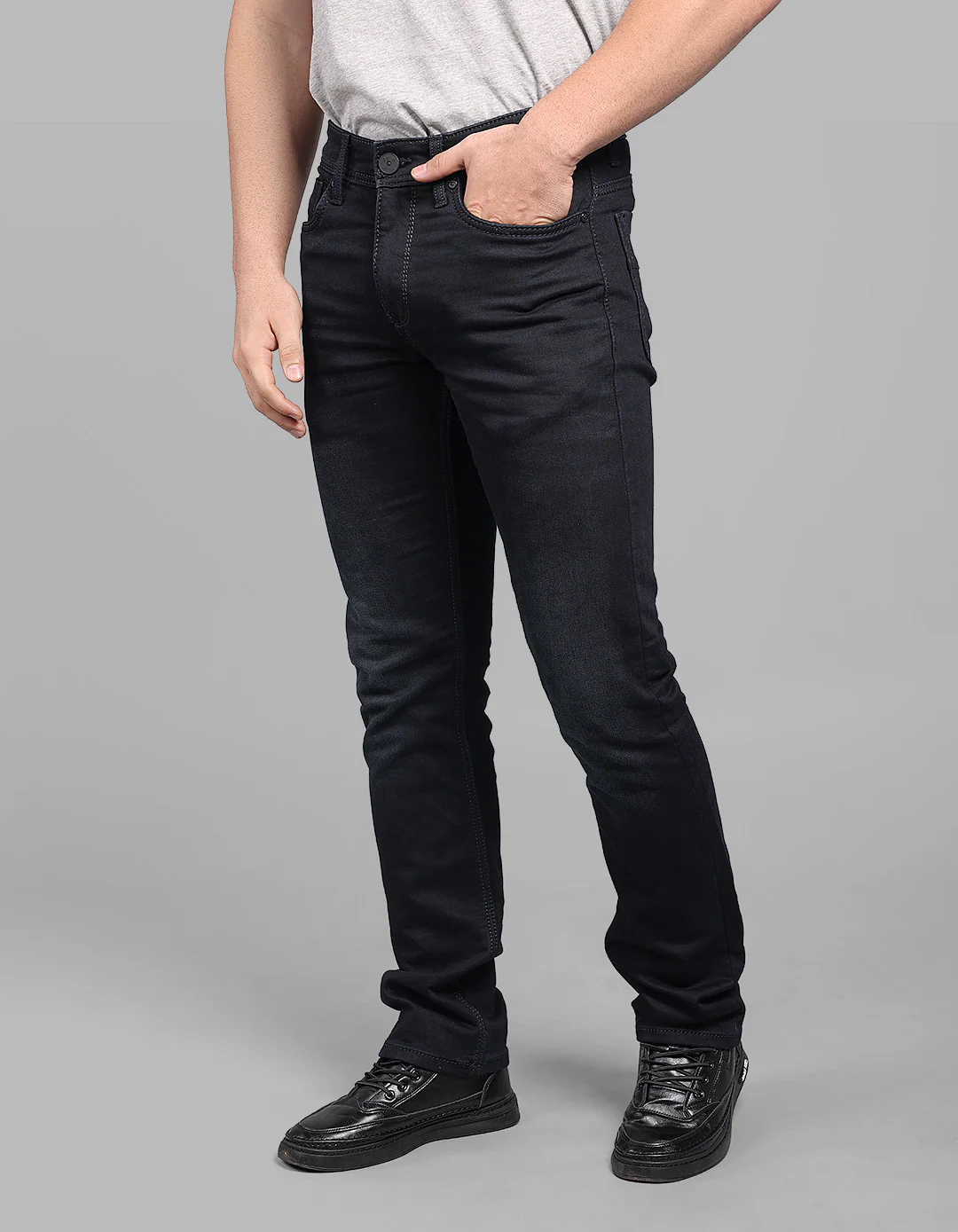 Dark Blue Mid-Rise Slim Straight Fit Stretch Jeans - Image 3