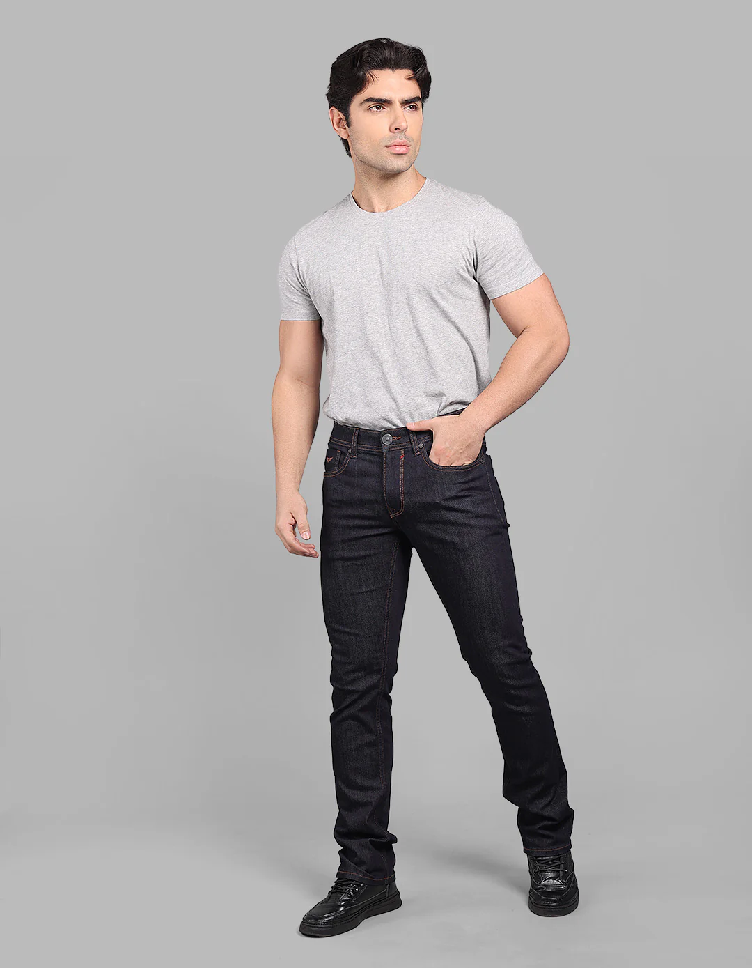 Dark Blue Mid-Rise Slim Straight Fit Stretch Jeans - Image 3