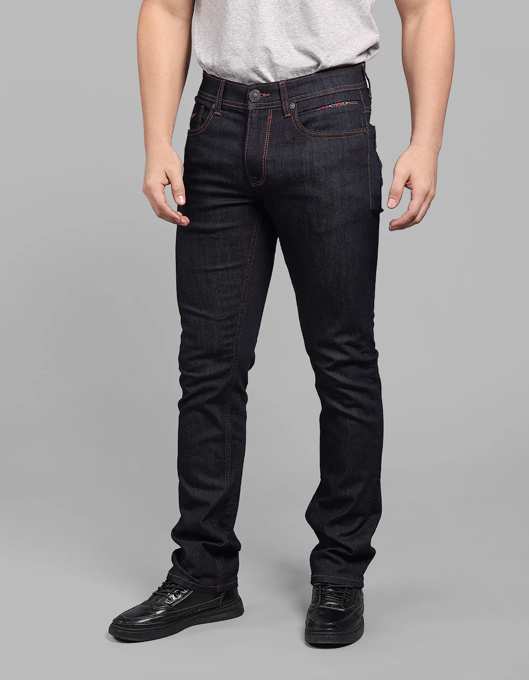 Dark Blue Mid-Rise Slim Straight Fit Stretch Jeans - Image 4
