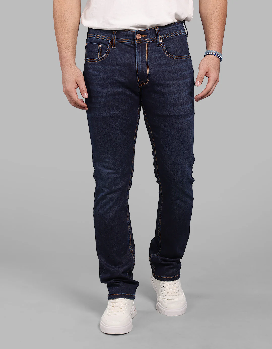 Dark Blue Mid-Rise Slim Straight Fit Stretch Jeans