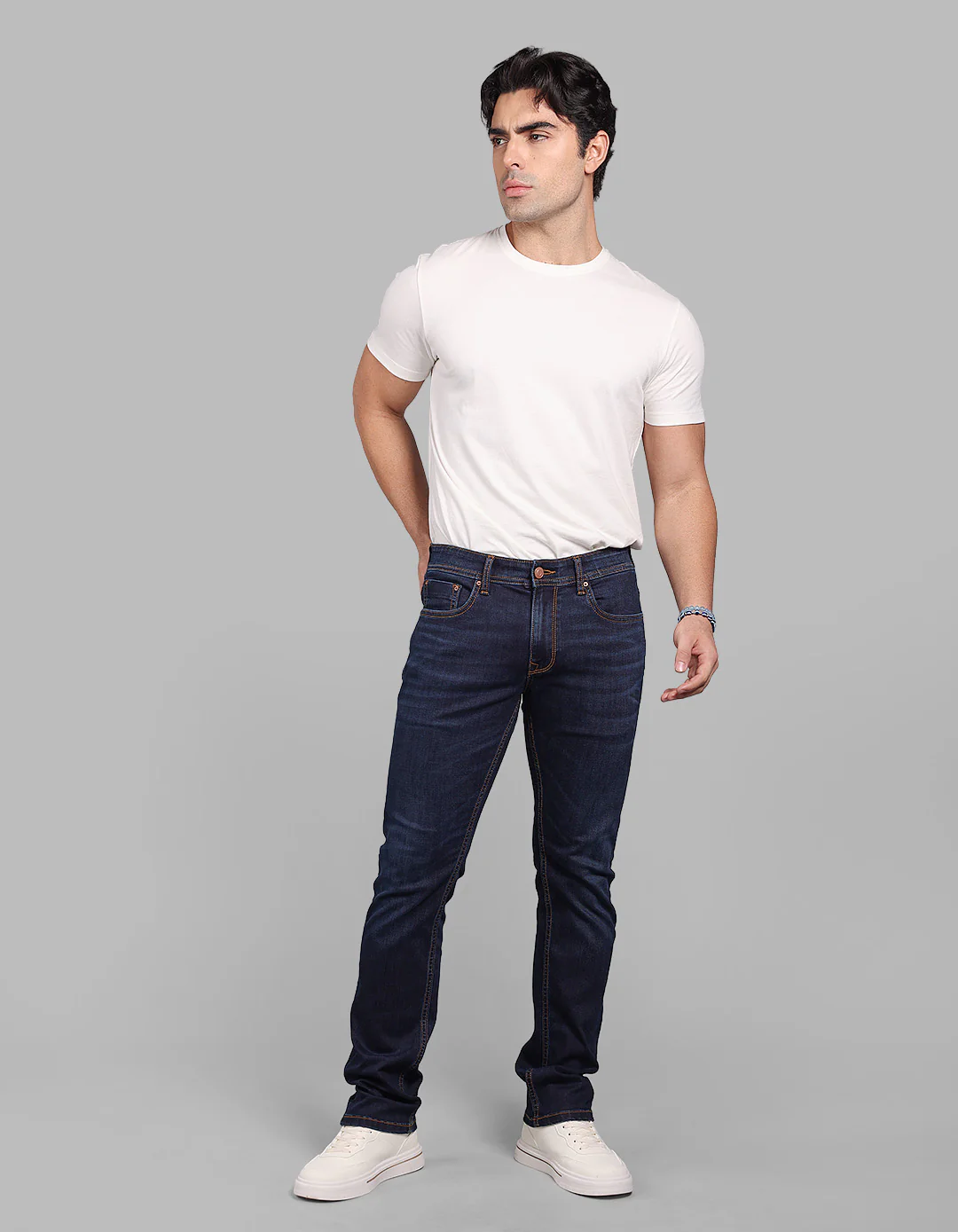 Dark Blue Mid-Rise Slim Straight Fit Stretch Jeans - Image 2