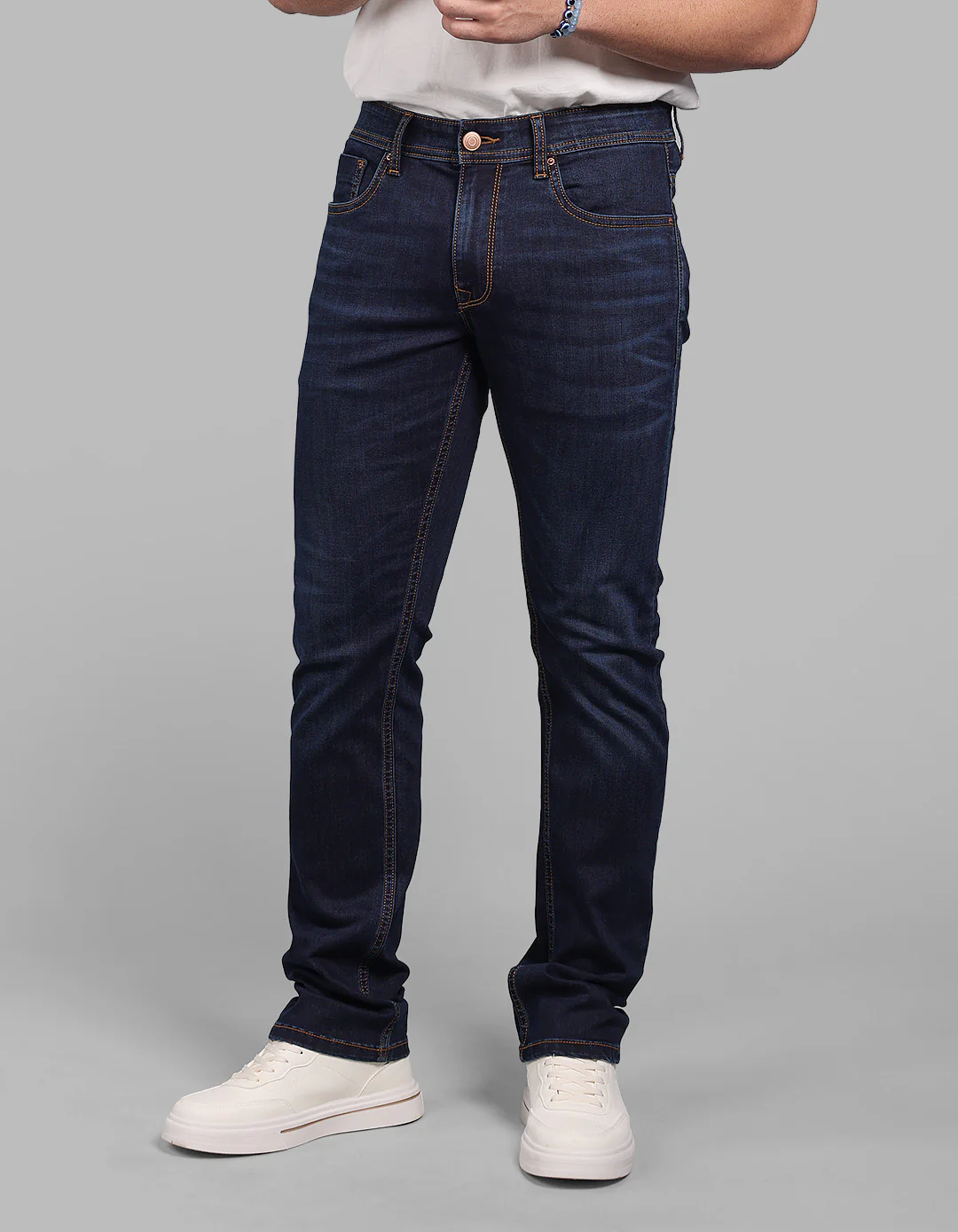 Dark Blue Mid-Rise Slim Straight Fit Stretch Jeans - Image 3