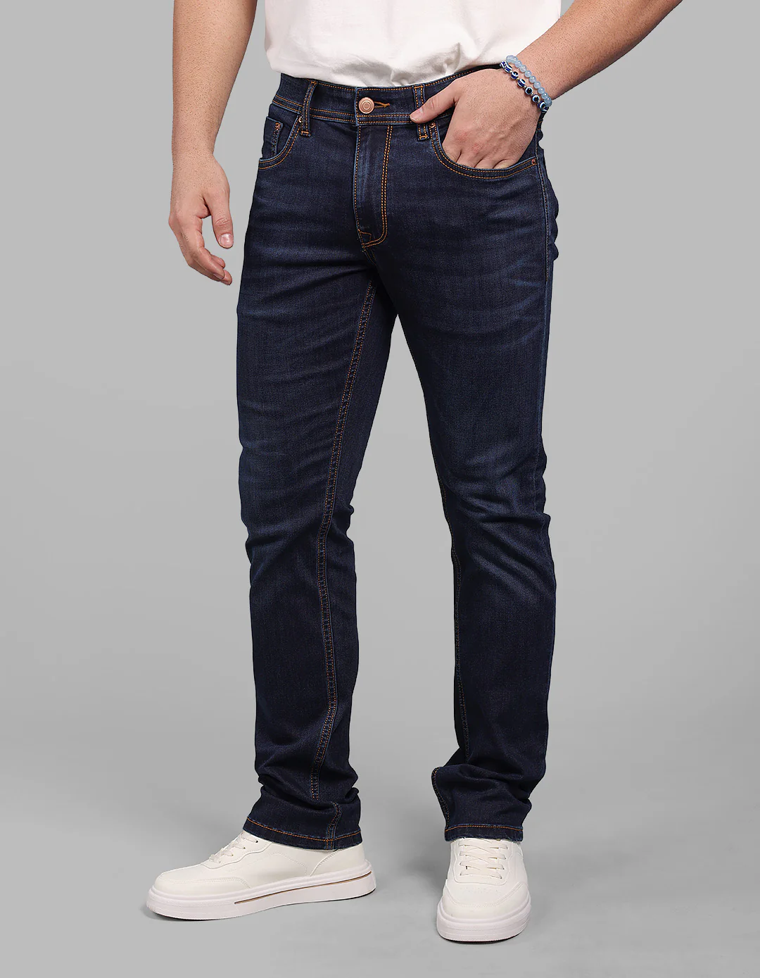 Dark Blue Mid-Rise Slim Straight Fit Stretch Jeans - Image 4