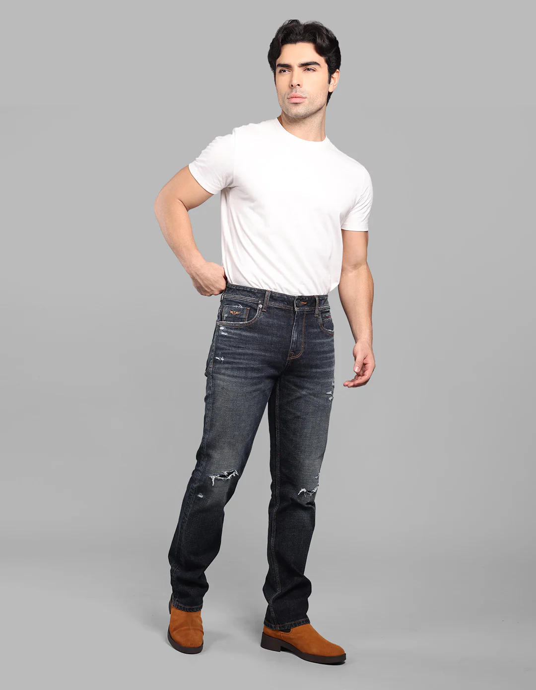 Dark Blue Midrise, Comfort And Straight Fit Stretch Jeans - Image 3