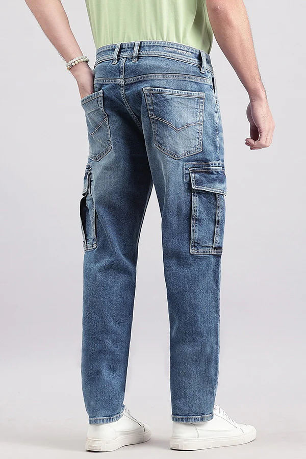 Dark Blue Regular Fit Denim Cargo Pant - Image 4