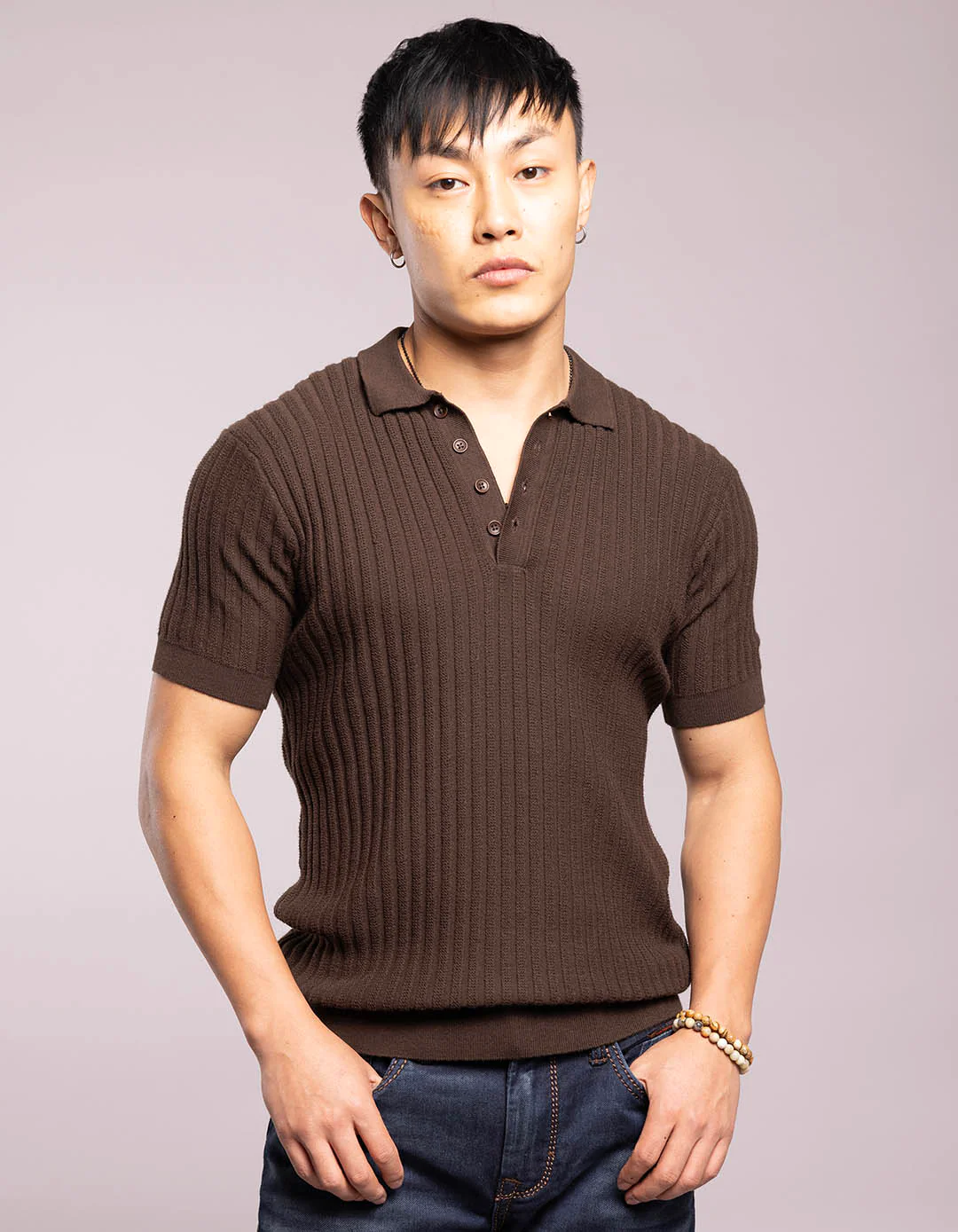 Dark Brown Half Sleeves Flatknit Polo Tee
