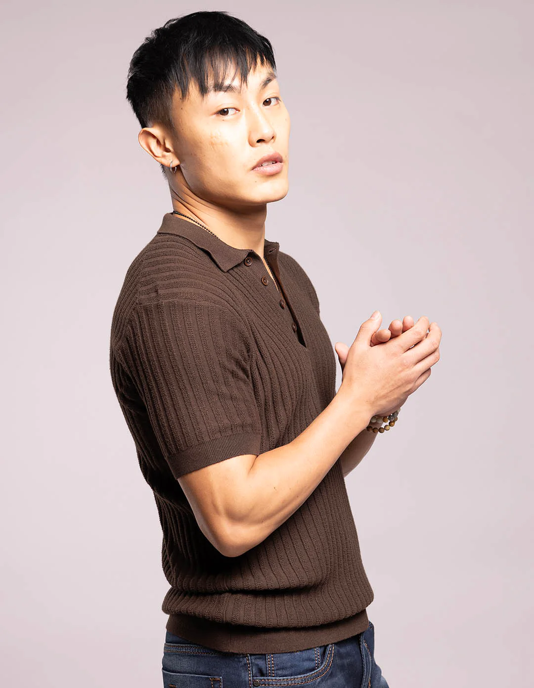 Dark Brown Half Sleeves Flatknit Polo Tee - Image 4