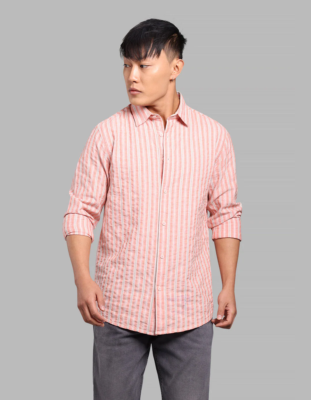 Dark Peach 100% Cotton Full Sleeve Stripe Shirt