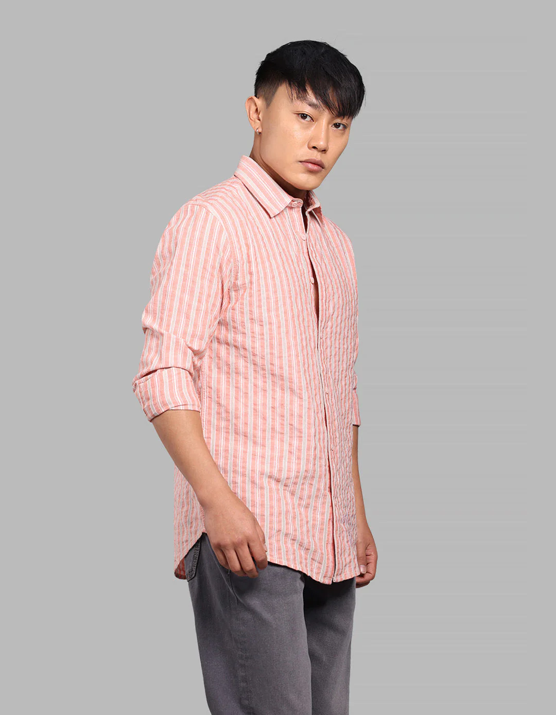 Dark Peach 100% Cotton Full Sleeve Stripe Shirt - Image 4