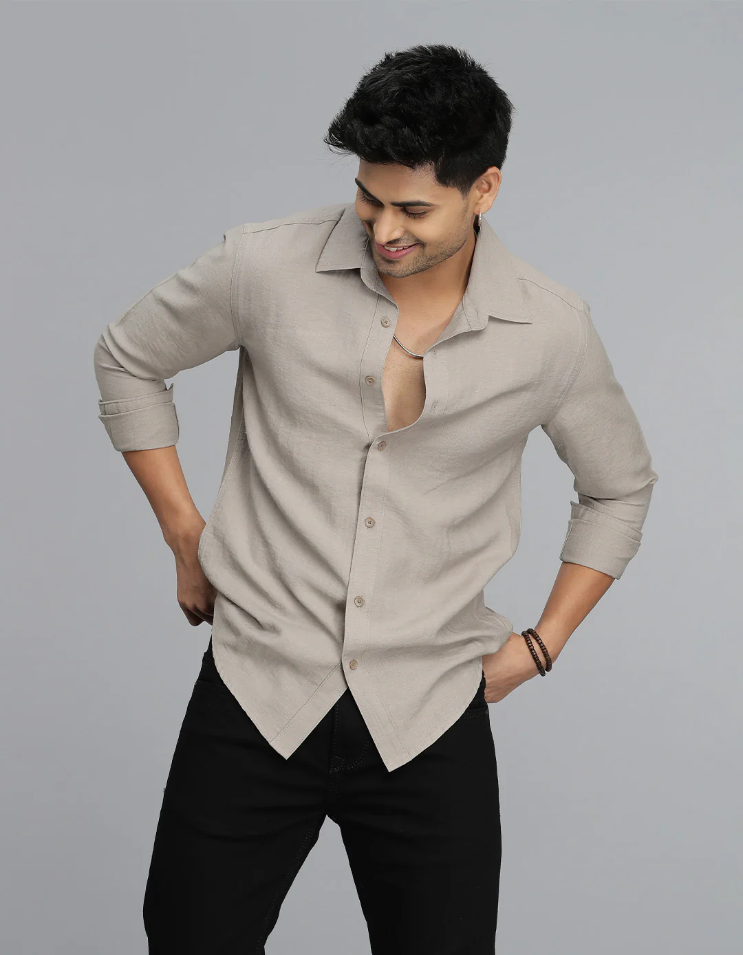 Dark Stone Full Sleeves Linen Blend Solid Shirt - Image 4