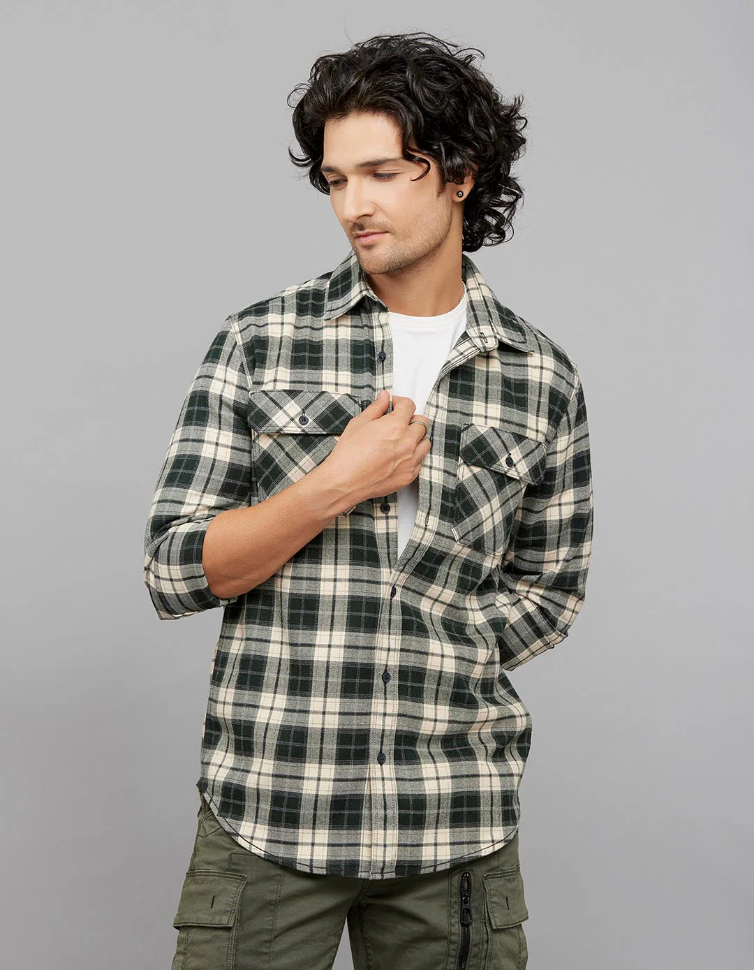 Green Cream Full Sleeves Stretch Check Shirt - Image 4