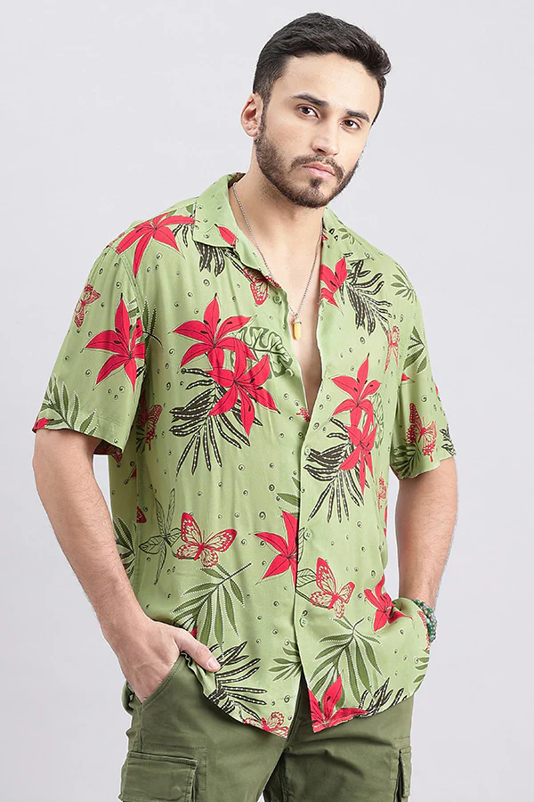 Green Half Sleeve Printed Shirt - Image 3