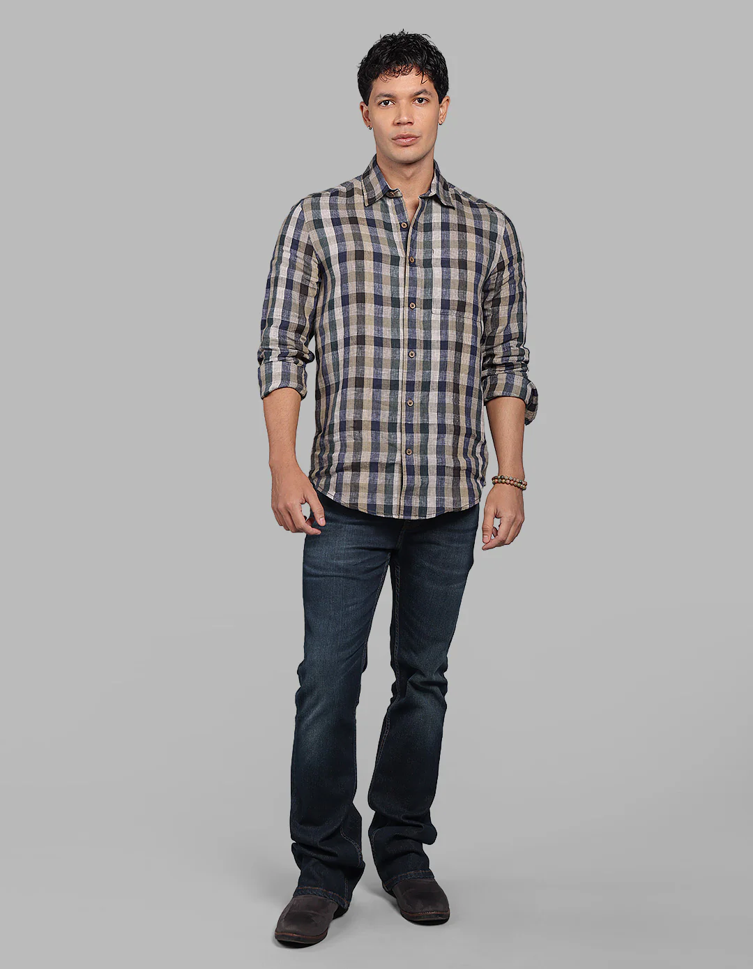 Green Navy Full Sleeve Linen Blend Check Shirt - Image 2