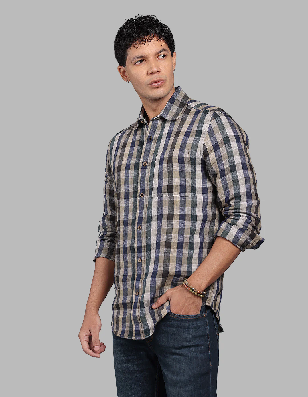 Green Navy Full Sleeve Linen Blend Check Shirt - Image 3